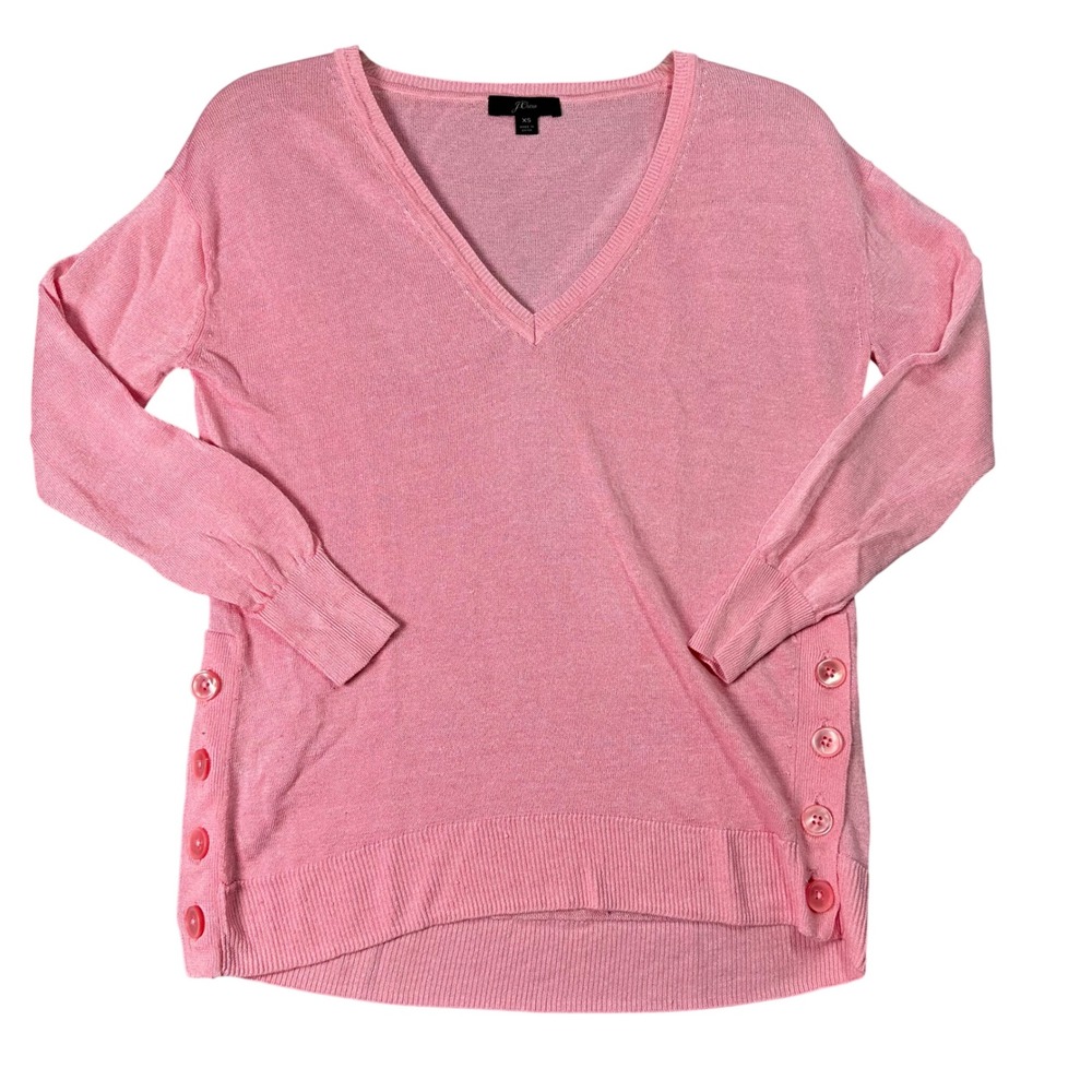 J. Crew Pink V-Neck Linen Blend Side Button Sweater Preppy XS Pink Soft Girl
